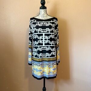Olian Black and Gold Patterned Long Sleeve Dress
